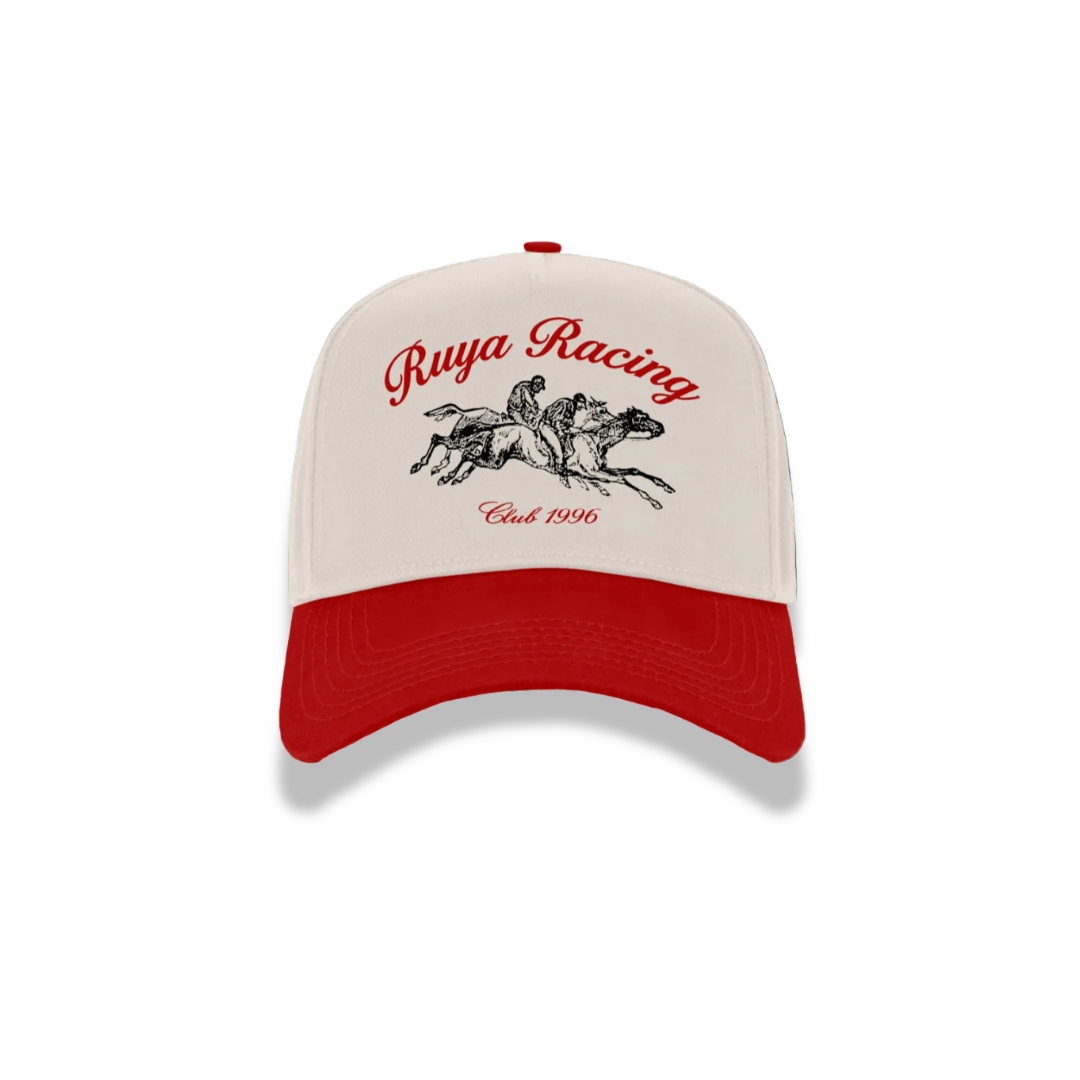 Baseball cap with red and white design on a white background