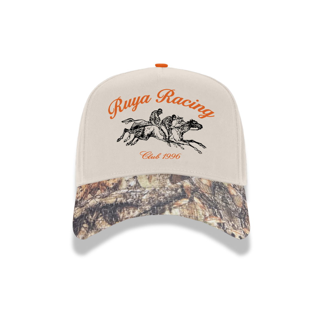 Cap with 'Rugby Racing' text and horse design on a white background
