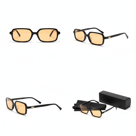 Black rectangular sunglasses with amber lenses product photography